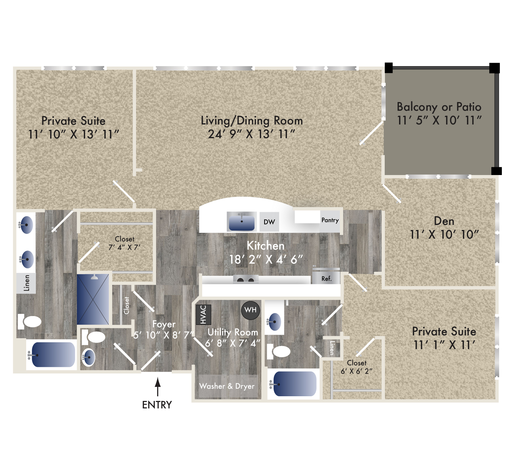 Floor plan for 2 beds, 2.5 baths, 1486 sqft